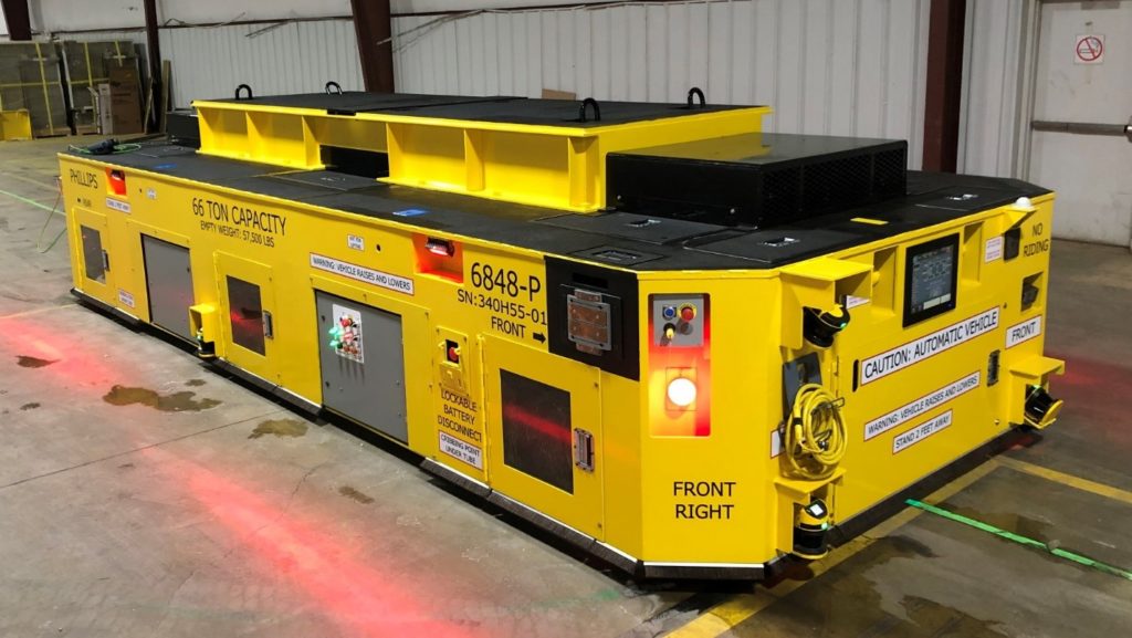 This 66-ton AGV was designed to pick up stamping dies from any of several locations and deliver them to multiple drop off areas